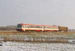 628 071-2/629 071-1 als regulärer Personenzug von Dagebüll Mole nach Niebüll am 28.01.2014 bei Deezbüll.