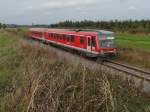 Als RB 22728 von Aulendorf ber Kilegg und Lindau nach Friedrichshafen Hafen fahrend wurde 628 547 am 11.10.2014 bei Kilegg-Schurtannen fotografiert.