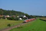 628 426 und Schwesterfahrzeug mit RB 27085 Landshut(Bay)-Salzburg HBF bei der Ausfahrt aus dem Bahnhof Tüßling(Obb.)am 6.9.2014