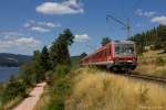 Am 22.08.2015 fuhr 629 003 mit Anhängsel als RB26937 bei Aha am Schluchsee entlang.