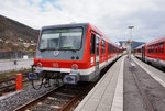 628 314 als RB 23613 (Miltenberg - Seckach), am 23.3.2016 bei der Einfahrt in Amorbach.