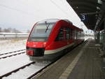 Am 01.Februar 2021 wartete der 640 018 in Velgast auf Anschlußreisende nach Barth.