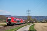 Nachschuss auf 641 016, als dieser am Nachmittag des 08.04.2020 zusammen mit 641 004 als RB (Basel Bad Bf - Lauchringen) zwischen Beuggen und Schwörstadt über die Hochrheinbahn fuhr.