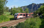 Am Morgen des 10.06.19 paasiert 642 043 mit einem weiteren Desiro als RE nach Litomerice Mesto den südlichen Bahnübergang in Rathen.