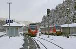 Triebwagentreffen am 09.01.2021 in Brilon Wald: Links verlässt 644 547 mit dem RE 57 von Dortmund nach Brilon Stadt, während rechts 642 702 der Kurhessenbahn auf die Abfahrt nach Marburg wartet