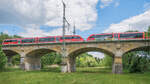 Blick nach Osten auf die Jagstbrücke in Crailsheim: Das 642-Päärchen war am 29.5.20 kur vor dem Bahnhof rechts vom Bildrand.