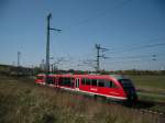 VT 642 043 als S3 zum Seehafen in der Nhe der Blockstelle Rostock-Riekdahl.