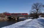 BR 642 Desiro DB Regio der Elbe Saale Bahn als RB 27 681 Schnebeck (Elbe) - Aschersleben, KBS 335 Magdeburg - Erfurt, fotografiert auf der Bodebrcke in Stafurt am 25.03.2013