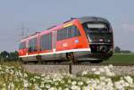 Der 642 718 fhrt als RB von Augsburg nach Fssen hinter Buchloe Richtung Kaufbeuren am 07.07.2013