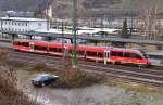 Regionalbahn nach Kaiserslautern, der 643 022 in Bingen, von der Fugngerbrcke aus fotografiert.