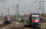 Auf dem Bild sieht man 643 226 und 643 222 sowie einen weiteren euregiobahn-643.2 die sich im Stolberger Güterbahnhof begegnen.