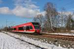 Der GTW 646 022 fährt bei herrlichem Winterwetter am 05.02.2015 durch Nassenheide nach Berlin Lichtenberg.