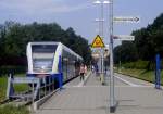 646 123 und 128 der UBB im Endbahnhof Swinoujscie Centrum. Warum der Bahnhof den Zusatz Centrum trägt, ist unerfindlich: Stadtzentrum, Hafen und Strand sind ein paar Kilometer entfernt. (Aufnahme vom 22.7.15)