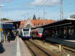 Am 11.08.2013 warten im Stralsunder HBF die Regionalzüge nach Swinemünde und auf die Insel Rügen.