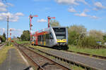 HLB 646 419 erreicht als RB48 von Nidda nach Friedberg den Bahnhof Beienheim. (30.04.2023)