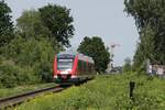 Mit Abellio-Aufkleber an der Front verlässt der DB-648 004 am 15.06.2021 Bocholt in Richtung Wesel.