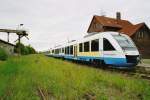 Auf dem Bahnhof von Rehna stehen eine Doppeltraktion Lint der Mecklenburgbahn ( OLA ) zur Rckfahrt nach Parchim ber Schwerin HBF bereit im Jahr 2005