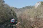 Von Ulm kommend fhrt 650 315 am 08.03.2021 als RE 55 / RE 3208 nach Villingen und befindet sich zwischen Sigmaringen und Inzigkofen bei der Einfahrt in das obere Donautal.