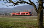 Bei Dettingen sind die beiden RegioShuttle 650 009 und 017 am 22.03.2013 als RB 22971 auf dem Weg nach Bad Urach.