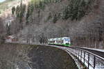 Zwei Regio Shuttle der Erfurt Bahn fahren als STB 44 (Erfurt Hbf - Meiningen) kurz vor dem Bahnhof Gehlberg bergwärts durch den ersten Schnee.