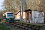 PRESS Triebwagen der BR 650 befährt den Bahnübergang in Pastitz  und am ehemaligen Wartehäuschen des Haltepunktes  vorbei.