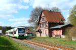 VT 306 ( Weimar, Kulturstadt Europas ) zusammen mit VT 324 der EB (Erfurter Bahn) am 22.4.2021 am Haltepunkt Langenorla Ost (Ortschaft Kleindembach).