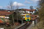 Stadler Regio-Shuttle RS1 VT 33 der Oberpfalzbahn als RB 55975 Waldmnchen - Cham, KBS 876 Cham - Waldmnchen, fotografiert in Katzbach am 02.04.2011