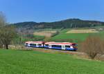 650 565 (VT 65) + 650 563 (VT 63) als RB nach Bayerisch Eisenstein am 24.04.2013 bei Triefenried. 