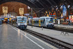 VT 020 (650 001-027) von der MRB steht als Regio Shuttle der Linie RB 110 in Richtung Döbeln Hbf.