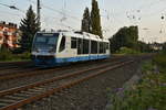 Nachschuß auf einen RTB Triebwagen der als RB34 nach Dalheim fahrend Rheydt Hbf verlässt.