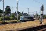 Der RTB-Triebwagen 654 015 verlsst Rheydt Hbf nach Dalheim am 2.8.2013