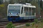 Der RTB-Triebwagen VT 6.010 ist als RB 39 von Dalheim nach Mönchengladbach Hbf unterwegs, hier ist er bei der Einfahrt in den Rheydter Hbf am Sonntag den 23.3.2014