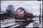 Doppelstock Triebwagen ALMA 670002 am 18.2.1999 am Bahnsteig in Tangermünde.