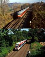 Die Bahnstrecke von Düsseldorf-Gerresheim nach Mettmann einst und jetzt: Auf dem oberen Bild fährt der Museums-VT 08 der DB Ende November 1986 im Rahmen einer Sonderfahrt von Mettmann nach Düsseldorf, aufgenommen am westlichen Stadtrand von Erkrath. Planmäßig verkehrten hier damals Akkutriebwagen der Baureihe 515. Nachdem die DB kein Interesse an einem Weiterbetrieb des Personenverkehrs hatte, gründeten die anliegenden Gemeinden die Regiobahn GmbH und übernahmen die Strecke (sowie die Verbindung von Neuss nach Kaarst) am 01.01.1998. Unten ist eine VT-Doppeltraktion der Regiobahn an derselben Stelle am 23.08.2017 unterwegs. Die schönen Telegrafenmasten sind leider verschwunden - und grüner, nicht nur jahreszeitlich bedingt, ist es auch geworden.