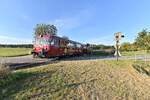 Zwischen Siegelsbach und Obergimpern kommt der Triebwagen samt seinem Beiwagen gen Neckarbischofheim gefahren am Sonntag dem 10.10.2021 seinem letzten Betriebstag fr dieses Jahr oder auch fr lngere