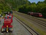 Fr einen kleinen, improvisierten Fotohalt hielt eine Einheit 798/998 als  VEB 6  mit Beiwagen auf der EifelquerbahnStrecke Gerolstein-Kaisersesch in Hhe des BW Gerolstein.