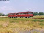 Der Schienenbus am 21.5.95 zwischen Stappenbach und Vorra beim Kilometerstein 11 auf dem Weg nach Frensdorf.