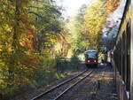 Am Betriebsbahnhof  Drängetal  entstand dieses herbstliche Begegnungsbild aus dem P 8925 mit Blick den Triebwagen 187 013  Fischstäbchen .