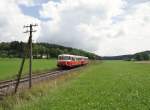 Am 31.07.14 fuhren VS 14 und VT 8 der SAB als SAB-Sommerferien-Express (Münsingen-Schelklingen) Hier bei der Einfahrt Münsingen.