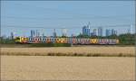 VT2E der Hessischen Landesbahn in Dreifachtraktion vor der Frankfurter Skyline.