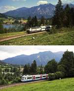 Auch bei diesen Vergleichsbildern hat sich augenscheinlich nicht viel geändert: Oben befördert eine 218 im Sommer 1994 bei Fischhausen einen Zug von Bayrischzell nach München, darunter