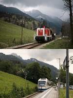 Als 290 103-1 im Frühjahr 1989 den Haltepunkt Geitau durchfährt, erinnert nichts mehr daran, dass auf der rechten Grünfläche einmal ein Ladegleis lag. Das im Hintergrund ganz rechts erkennbare Stationsgebäude wurde damals schon lange privat genutzt. Auf dem unteren Bild, das am 18.07.2020 entstand, trifft der aus Bayrischzell kommende VT 105 am inzwischen verlegten Bahnsteig ein.