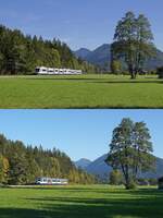 Auch von dieser Fotostelle, die im Gastgarten der Krugalm liegt, habe ich bereits einmal ein Vergleichsbild eingestellt. Neben den Fahrzeugen, oben am 26.08.2018 der VT 108 sowie ein weiterer Integral der Bayerischen Oberlandbahn auf dem Weg von Bayrischzell nach M�nchen, darunter ein Nachschuss auf den VT 486 der Bayerischen Regionalbahn, der am 29.09.2026 in der Gegenrichtung unterwegs ist, f�llt auf, dass die Telegrafenmasten inzwischen beseitigt worden sind.