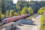 Blick von einem Felsvorsprung auf den Haltepunkt Velden am 6.10.12: Ein 610er-P�rchen raste als REs nach Bayreuth und Hof durch.