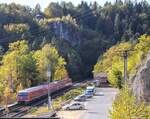 Blick von einem Felsvorsprung a.d. Haltepunkt Velden am 6.10.12: Ein 610er-P�rchen raste als REs nach Bayreuth und Hof durch.