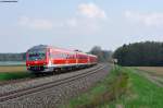 RE 3696 mit 610 516 und einer Schwestermaschine auf der Fahrt von Regensburg nach Hof bei Oberteich, 05.05.2013