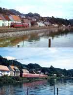 Die Bodenseegürtelbahn einst & jetzt: Nicht viel hat sich in Sipplingen geändert, sieht man einmal von den Fahrzeugen ab. Oben fährt im Frühjahr 1979 noch einer der letzten 795 des Bw Radolfzell am See entlang, inzwischen verkehren hier moderne Triebwagen wie die Baureihe 611 im August 2010.