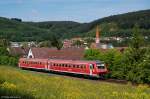 Brenzbahn-Frhling 2009 - 611 005 verlsst am Morgen des 03.06.09 als IRE 3226 von Ulm Hbf nach Aalen den letzten Fahrplanhalt Oberkochen Richtung Endbahnhof.
