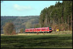 VT 612014 ist hier mit einem zweiten VT am 24.2.2018 bei Harsdorf auf dem Weg nach Hof bzw.