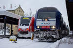 Wer hat mehr Schnee auf der Kupplung? Ein Triebzug der Baureihe 612 und ER 20-15 vom Alex in Lindau Hbf. 14.1.19
